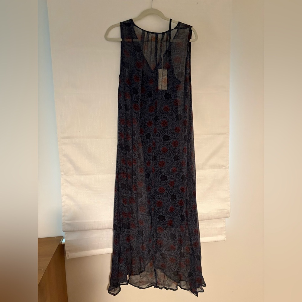Natalie Martin Navy Sheer Floral Maxi Dress with Rust Blooms